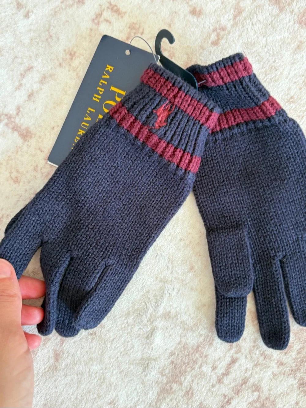 Polo by Ralph Lauren Navy Knit Gloves with Red Stripe cotton 4-7 y